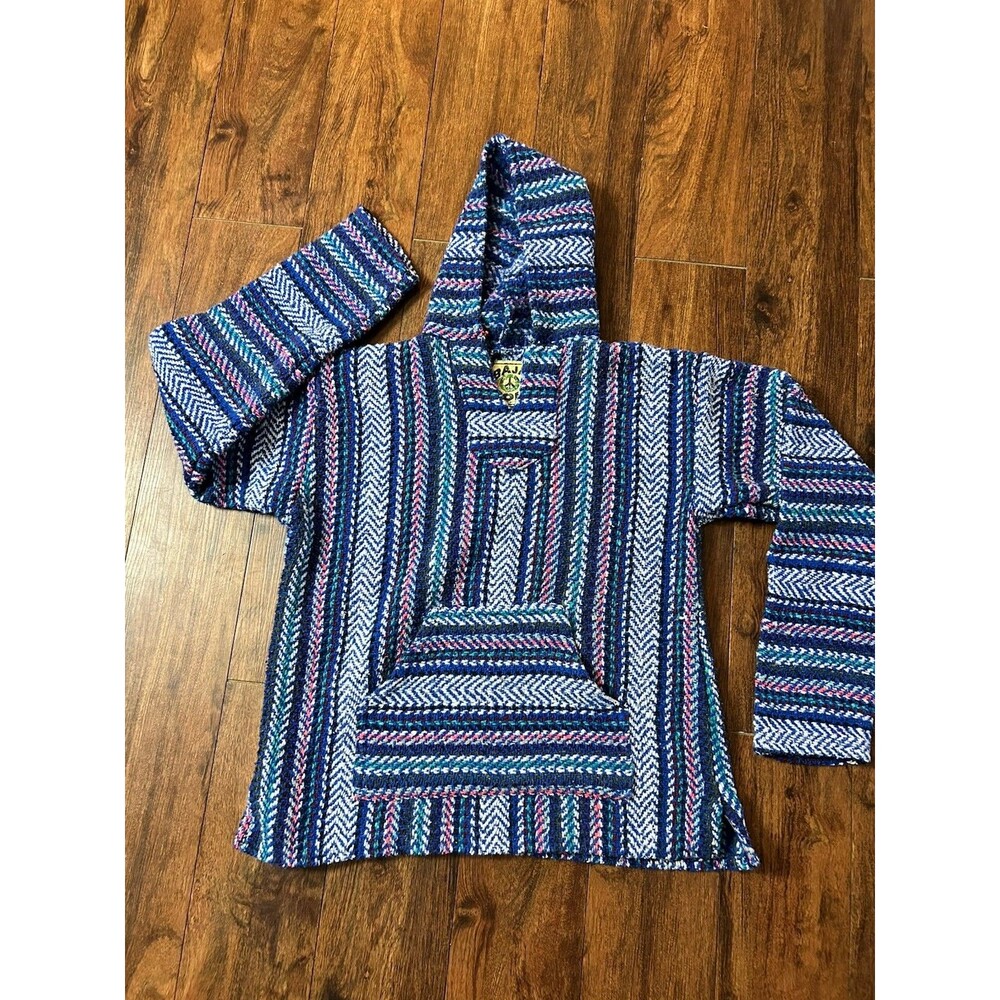 Baja Joe Mens M Mexican Baja Hoodie Blue Striped Woven Pullover Recycled